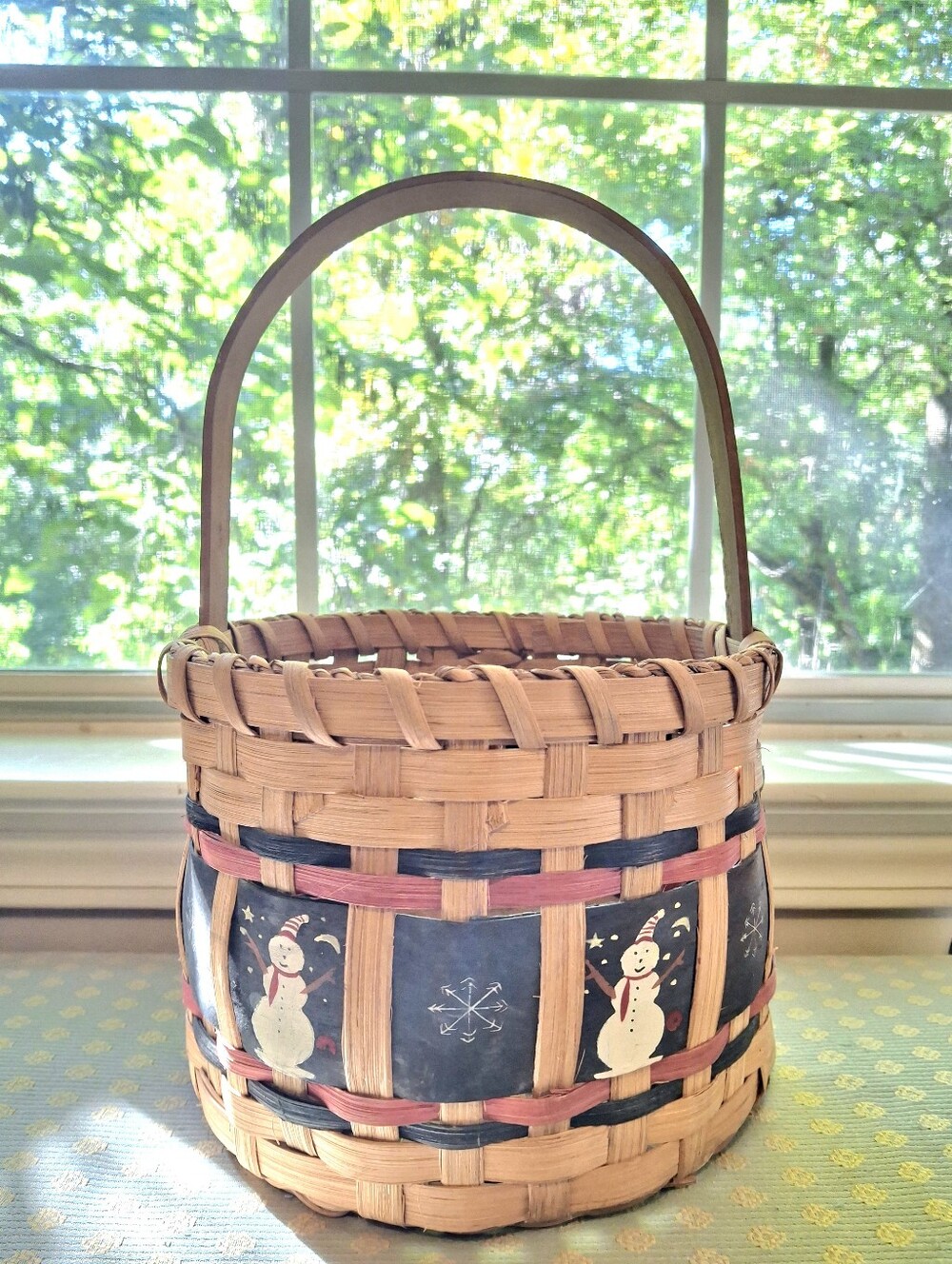 Vintage Country Cottage Woven Christmas Basket Wood Snowman Woven Ribbon